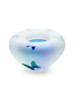 Frosted tealight green-blue met vlindertjes